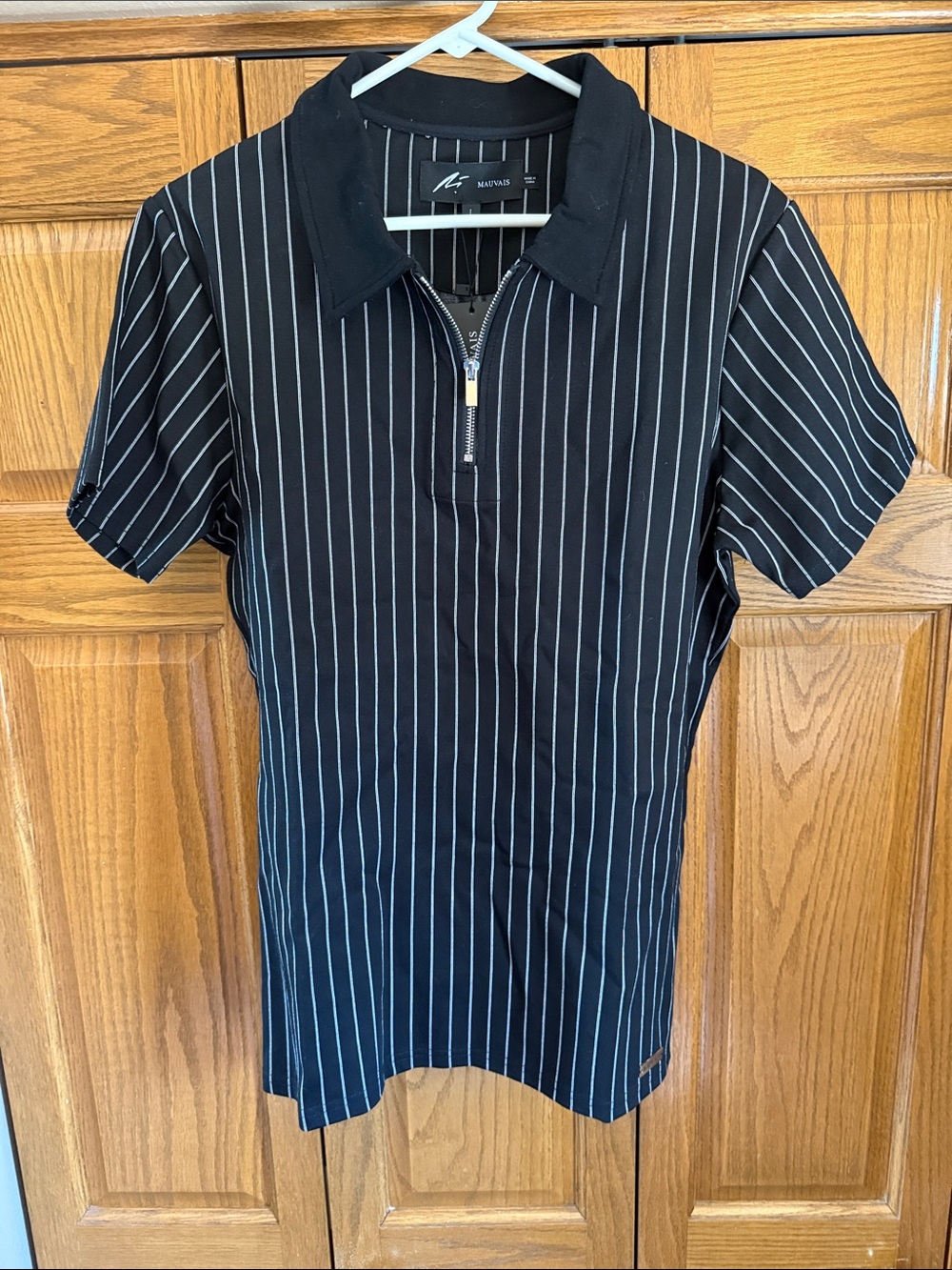 Mauvais Black Pinstripe Polo Shirt  with Quarter Zip. NWT